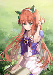 Rule 34 | 1girl, a (sofi3103), absurdres, animal ears, arm up, bad id, bad pixiv id, blush, book, bow, brown hair, closed mouth, commentary, day, green eyes, hair between eyes, highres, horse ears, long hair, looking at viewer, on grass, open book, outdoors, pleated skirt, puffy short sleeves, puffy sleeves, purple bow, purple shirt, shirt, short sleeves, signature, silence suzuka (umamusume), sitting, skirt, solo, umamusume, very long hair, white skirt