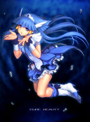 Rule 34 | 10s, 1girl, aoki reika, blue background, blue eyes, blue hair, blue skirt, blue theme, boots, character name, cure beauty, dress, hair tubes, head wings, kazuma muramasa, knee boots, long hair, looking at viewer, magical girl, matching hair/eyes, open hands, precure, shorts, shorts under skirt, skirt, smile precure!, solo, tiara, wings, wrist cuffs