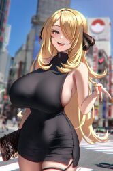 Rule 34 | 1girl, :d, alternate breast size, anima (togashi), bag, black dress, blonde hair, blue sky, blurry, blurry background, breasts, car, covered navel, creatures (company), cynthia (pokemon), dress, game freak, grey eyes, gyaru v, hair ornament, hair over one eye, heart, highres, holding, holding bag, huge breasts, impossible clothes, impossible dress, light particles, long hair, looking at viewer, motor vehicle, nail polish, nintendo, open mouth, outdoors, people, pokemon, pokemon dppt, road, short dress, skindentation, sky, smile, solo, street, taut clothes, taut dress, thighs, turtleneck, turtleneck dress, v, very long hair, women&#039;s wallet
