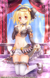 Rule 34 | 1girl, antenna hair, balcony, bare shoulders, blonde hair, blush, breasts, bridal garter, cleavage, clothes lift, collarbone, crescent, curtains, detached sleeves, frilled thighhighs, frills, full body, hair between eyes, hairband, indoors, kneeling, legs, light particles, lolita hairband, looking at viewer, mary janes, medium breasts, meiyaku no guardian knights, navel, original, red eyes, shoes, short hair, skirt, skirt lift, solo, sparkle, star (symbol), thighhighs, white thighhighs, yukiko013