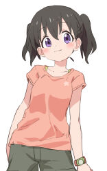 Rule 34 | 1girl, :3, absurdres, black hair, black shorts, blush, casual, collarbone, commentary, cowboy shot, gazacy (dai), highres, kuraue hinata, looking at viewer, pink shirt, purple eyes, shirt, short sleeves, shorts, simple background, smile, solo, twintails, watch, white background, wristwatch, yama no susume