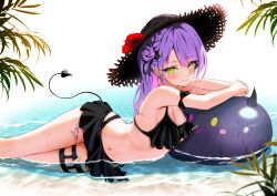 Rule 34 | 1girl, absurdres, alternate costume, arm rest, asymmetrical hair, beach, bibi (tokoyami towa), bikini, bikini skirt, black bikini, black hat, blush, braid, breasts, cleavage, closed mouth, commentary, cross, cross earrings, crossed arms, demon tail, ear piercing, earrings, eyelashes, feet out of frame, flower, french braid, frilled bikini, frills, green eyes, hair bun, hat, hat flower, heart o-ring, highres, hololive, inflatable toy, jewelry, leg tattoo, long hair, looking at viewer, lying, multicolored hair, navel, ocean, on side, parted bangs, partially submerged, piercing, pink hair, purple hair, simple background, single side bun, small breasts, smile, solo, stomach, straw hat, swimsuit, tail, tail ornament, tail piercing, tattoo, thigh strap, tokoyami towa, totuoooo1015, two-tone hair, virtual youtuber, wet, white background