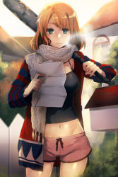 Rule 34 | 1girl, baseball bat, bob cut, breasts, breath, brown hair, camisole, green eyes, groin, large breasts, lowres, navel, paper, rosie (rosiemonomi), scarf, short hair, shorts, solo, sweater, sword girls