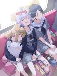 Rule 34 | 3girls, ahoge, animal ears, backlighting, bag, black neckerchief, blue archive, blue hair, camera, camera around neck, closed eyes, collarbone, drooling, extra, eyewear on head, fake animal ears, feet out of frame, heart, heart-shaped eyewear, highres, hoshi umi, hugging doll, hugging object, leaning on person, mouse ears, mouth drool, multicolored hair, multiple girls, neckerchief, own hands together, pink hair, reisa (blue archive), school uniform, shopping bag, sitting, sleeping, star-shaped eyewear, star (symbol), streaked hair, tinted eyewear, train interior