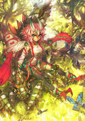 Rule 34 | 1girl, arthropod girl, arthropod limbs, bug, butterfly, commentary request, day, detached sleeves, fingerless gloves, forest, giant insect, gloves, green eyes, highres, horns, insect, long sleeves, looking at viewer, melon22, monster girl, nature, original, pink hair, praying mantis, sitting, smile
