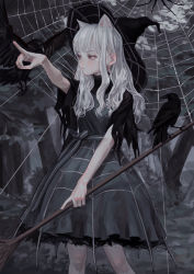 Rule 34 | 1girl, animal ears, artist name, bird, black dress, broom, cat ears, closed mouth, crow, dress, earrings, feiqizi (fkey), fkey, hat, highres, hoop skirt, jewelry, original, pink eyes, pointing, silk, solo, spider web, white hair, witch hat