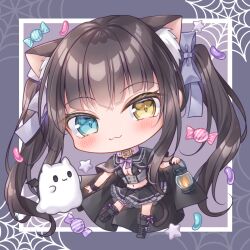 Rule 34 | 1girl, :3, animal ear fluff, animal ears, black cloak, black footwear, black hair, black skirt, black socks, blue eyes, blush, breasts, candy, candy wrapper, cat ears, cat girl, cat tail, chibi, cloak, closed mouth, collar, commentary request, crop top, food, frilled socks, frills, full body, ghost, halloween, holding, holding lantern, jelly bean, kneehighs, kohinata hoshimi, lantern, long hair, looking at viewer, medium breasts, midriff, navel, original, pink collar, pleated skirt, silk, skirt, socks, solo, spider web, tail, twintails, very long hair, wrist cuffs, yellow eyes