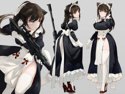 Rule 34 | 1girl, animal ears, back bow, black dress, black hair, blue eyes, bow, breasts, cat ears, chowbie, dress, eye trail, frilled dress, frills, front slit, full body, gloves, gun, heterochromia, high heels, highres, juliet sleeves, large breasts, leaning forward, light trail, long hair, long sleeves, maid, maid headdress, maid master, multiple views, puffy sleeves, red eyes, rifle, scope, sniper rifle, standing, thighhighs, weapon, weapon request, white gloves, white thighhighs