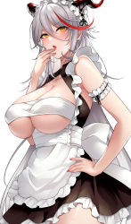 Rule 34 | 1girl, aegir (azur lane), aegir (iron blood&#039;s dragon maid) (azur lane), apron, azur lane, bare shoulders, black dress, breasts, cleavage, collarbone, commentary, commentary request, cowboy shot, demon horns, dress, english commentary, frilled apron, frilled dress, frilled hairband, frills, garter straps, hair between eyes, hairband, hand on own hip, hand up, highres, horns, large breasts, licking, licking finger, long hair, looking at viewer, maid, maid headdress, mixed-language commentary, multicolored hair, official alternate costume, open mouth, red hair, sidelocks, simple background, sleeveless, sleeveless dress, solo, standing, strapless, streaked hair, swept bangs, tongue, tongue out, tube top, two-tone hair, underboob, very long hair, white apron, white background, white hair, white tube top, yellow eyes, yukinimaru