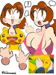 Rule 34 | !, 1girl, alternate breast size, apron, ass, breasts, brown hair, creatures (company), delia ketchum, dnormal11, game freak, gen 1 pokemon, happy, highres, large breasts, looking at another, looking at viewer, low ponytail, nintendo, open mouth, pikachu, pokemon, pokemon (anime), pokemon (classic anime), print shirt, shiny skin, shirt, smile, yellow shirt