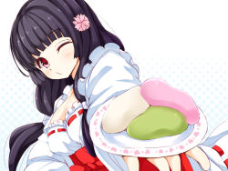 Rule 34 | 1girl, black hair, blunt bangs, blush, breasts, cleavage, dutch angle, flower, food, foreshortening, frills, girlfriend (kari), giving, hair flower, hair ornament, hair over shoulder, halftone, halftone background, heart, heart print, highres, japanese clothes, large breasts, long hair, long sleeves, looking at viewer, low-tied long hair, low twintails, maid, miko, mochi, morizono mei, one eye closed, outstretched arm, p-chan (mitsuta52), plate, pursed lips, red eyes, ribbon trim, shy, solo, twintails, upper body, wa maid, wagashi