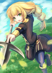 Rule 34 | 1girl, blonde hair, blue pantyhose, blue sky, braid, braided ponytail, buttons, cloud, commentary request, day, fire emblem, fire emblem: three houses, garreg mach monastery uniform, grass, green eyes, highres, holding, holding polearm, holding weapon, ingrid brandl galatea, leaf, long hair, long sleeves, looking at viewer, nintendo, open mouth, outdoors, pantyhose, polearm, sakunaru, single braid, sky, solo, spear, uniform, very long hair, weapon