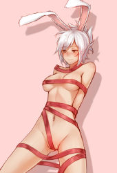 Rule 34 | 1girl, animal ears, arms behind back, blush, breasts, folded ponytail, highres, league of legends, naked ribbon, navel, orange eyes, rabbit ears, ribbon, ricegnat, riven (league of legends), short hair, simple background, white hair