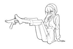 Rule 34 | 1girl, barefoot, blush, covering own mouth, feet, hairband, highres, long hair, mobanche255, monochrome, one eye closed, spy x family, toes, yor briar