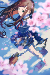 Rule 34 | 1girl, blue sailor collar, brown hair, choker, closed mouth, full body, hair ornament, hairclip, highres, holding, holding staff, long hair, long sleeves, looking at viewer, official alternate costume, pleated skirt, red ribbon, ribbon, sailor collar, school uniform, serafuku, shiohi, shoes, skirt, smile, sneakers, solo, sophia esteed, staff, star ocean, star ocean till the end of time