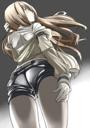 Rule 34 | 1girl, ass, bad id, bad pixiv id, brown hair, dri (drinker-dor), from behind, from below, grey background, hand in own hair, highres, jacket, long hair, looking at viewer, makise kurisu, pantyhose, shorts, skindentation, solo, steins;gate, thighs, wind, wind lift