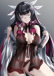 Rule 34 | 1girl, absurdres, babydoll, black hair, breasts, breasts apart, closed eyes, closed mouth, coat, columbina (genshin impact), eye mask, frilled babydoll, fur-trimmed coat, fur trim, genshin impact, hair ribbon, head wings, highres, lingerie, long hair, medium breasts, multicolored hair, navel, open clothes, open coat, panties, red babydoll, red hair, red panties, ribbon, smile, solo, thighs, tian kazuki, tress ribbon, two-tone hair, underwear, white coat, white mask, white wings, wings