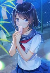 Rule 34 | 1girl, black hair, blue eyes, blue sailor collar, blue skirt, chain-link fence, commentary, covering own mouth, fence, hair ornament, hairpin, holding, looking at viewer, miniskirt, mono lith, neckerchief, night, original, outdoors, pleated skirt, red neckerchief, revision, sailor collar, school uniform, serafuku, shirt, short hair, short sleeves, skirt, solo, tanabata, tanzaku, white shirt