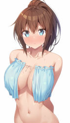 Rule 34 | 1girl, amasawa chigusa, arms behind back, bare shoulders, blue eyes, blush, bottomless, breasts, brown hair, closed mouth, highres, kazuma (kazumav), large breasts, looking at viewer, original, simple background, solo, sweat, white background