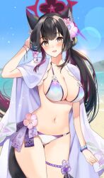 Rule 34 | 1girl, :d, bikini, black hair, blue archive, blue sky, breasts, commentary request, cowboy shot, flower, hair flower, hair ornament, halo, ichinomiya (blantte), large breasts, lens flare, multicolored hair, navel, open mouth, pink flower, purple hair, shawl, sky, smile, solo, stomach, swimsuit, two-tone hair, wakamo (blue archive), wakamo (swimsuit) (blue archive), yellow eyes