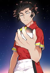 Rule 34 | 1boy, aged down, black hair, closed mouth, collared shirt, creatures (company), frown, game freak, half-closed eyes, holding, holding poke ball, kabu (pokemon), male focus, nintendo, oono imo, poke ball, pokemon, pokemon swsh, red shirt, shirt, short hair, short sleeves, shorts, solo, ultra ball, white eyes
