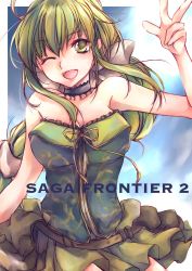 Rule 34 | 1girl, bare shoulders, bow, breasts, choker, cleavage, commentary request, green eyes, green hair, hair ribbon, highres, long hair, looking at viewer, multi-tied hair, open mouth, ponytail, ribbon, saga, saga frontier 2, smile, solo, very long hair, virginia knights