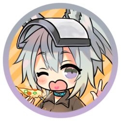 Rule 34 | 1girl, animal ear fluff, animal ears, arknights, bad id, bad pixiv id, blush stickers, brown shirt, chibi, collared shirt, diagonal stripes, food, grani (arknights), grey hair, hair between eyes, hands up, heart, heart in mouth, high ponytail, holding, holding food, lowres, mashiro miru, one eye closed, open mouth, pizza, pizza slice, ponytail, purple eyes, shirt, solo, striped, striped background, upper body, visor, wavy mouth