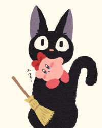 Rule 34 | animal focus, black cat, blush stickers, bow, broom, cat, highres, jiji (majo no takkyuubin), kirby, kirby (series), looking at viewer, majo no takkyuubin, miclot, mouth hold, nintendo, no humans, pink footwear, red bow, shoes, simple background, translated, white background