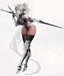 Rule 34 | 1girl, absurdly long hair, absurdres, arkimedes, arm armor, black bodysuit, black gloves, black leotard, bodystocking, bodysuit, breasts, cleavage, full body, gloves, grey background, grey hair, grin, highres, holding, holding sword, holding weapon, large breasts, leaning forward, leg armor, leotard, long hair, looking at viewer, original, parted lips, smile, solo, sword, sword behind back, thighhighs over bodystocking, very long hair, weapon