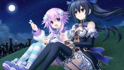 Rule 34 | 10s, 2girls, absurdres, black hair, breasts, city, d-pad, d-pad hair ornament, flat chest, food, game cg, grass, hair ornament, hair ribbon, highres, jacket, long hair, medium breasts, moon, multiple girls, neptune (neptunia), neptune (series), night, night sky, noire (neptunia), official art, open mouth, outdoors, parka, pudding, purple eyes, purple hair, red eyes, ribbon, short hair, sky, sleeve gloves, smile, star (symbol), striped legwear, tsunako, twintails