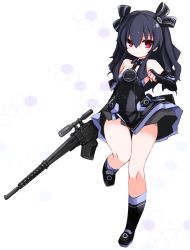 Rule 34 | 1girl, bare shoulders, black hair, blush, breasts, full body, gun, hair ornament, highres, holding, holding gun, holding weapon, karukan (monjya), long hair, looking at viewer, md5 mismatch, neptune (series), red eyes, resolution mismatch, rifle, scope, smile, solo, source smaller, standing, standing on one leg, two side up, uni (neptunia), v-shaped eyebrows, weapon, white background