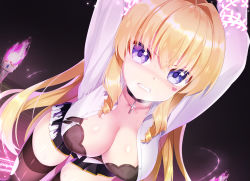 Rule 34 | 1girl, arms up, bad id, bad pixiv id, bdsm, black bra, black thighhighs, blonde hair, blush, bondage, bound, bound arms, bra, breasts, clenched teeth, dutch angle, highres, long hair, looking at viewer, magic circle, medium breasts, mvv, open clothes, open shirt, original, pleated skirt, purple eyes, skirt, solo, teeth, thighhighs, torn clothes, torn thighhighs, underwear