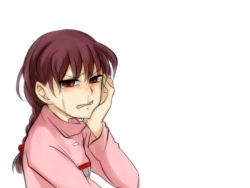 Rule 34 | 1girl, angry, bad id, bad pixiv id, boriroba, braid, brown hair, clenched teeth, crying, hand on own face, looking at viewer, madotsuki, pink shirt, red eyes, shirt, simple background, solo, tears, teeth, twin braids, yume nikki
