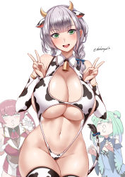 Rule 34 | 3girls, animal ears, animal print, bare shoulders, bell, blue dress, blue ribbon, blush, braid, breasts, bridal gauntlets, cleavage, commentary request, cow ears, cow horns, cow print, cow tail, cowbell, cowboy shot, darkmaya, double v, dress, green eyes, green hair, groin, hair ribbon, hands up, hololive, horns, houshou marine, huge breasts, jacket, long hair, looking at another, looking at viewer, multiple girls, navel, neck bell, open mouth, print legwear, print leotard, red hair, red jacket, ribbon, shirogane noel, shirogane noel (casual), silver hair, smile, standing, stomach, tail, thighhighs, twintails, twitter username, underboob, uruha rushia, v, virtual youtuber, white background