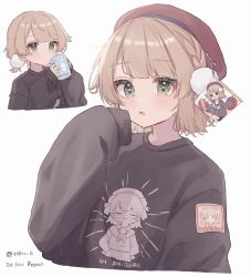 Rule 34 | 1girl, beret, black sweater, blush, braid, character print, charm (object), commentary request, cropped torso, cup, drinking, green eyes, hair ornament, hat, highres, indie virtual youtuber, light brown hair, long sleeves, looking at viewer, mug, multiple views, pom pom (clothes), pom pom hair ornament, red headwear, roku 6, safety pin, shigure ui (vtuber) (1st costume), shigure ui (vtuber), short hair, sidelocks, simple background, sweater, upper body, uwu, virtual youtuber, white background