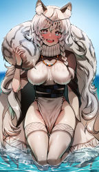 Rule 34 | 1girl, :d, absurdres, animal ear fluff, animal ears, arknights, artist name, belt, blue eyes, blush, braid, breasts, capelet, commentary, dress, embarrassed, fang, foxyreine, grey eyes, grey thighhighs, highres, jewelry, large breasts, large tail, leopard ears, leopard tail, long hair, looking at viewer, multiple belts, narrow waist, necklace, no panties, nose blush, open mouth, pelvic curtain, pramanix (arknights), seiza, silver hair, sitting, smile, solo, tail, tail around neck, thighhighs, twin braids, very long hair, water, wet, wide hips