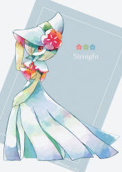 Rule 34 | 1girl, adjusting clothes, adjusting headwear, artist name, blue background, blue flower, bob cut, bonnet, capelet, character name, clothed pokemon, colored skin, creatures (company), female focus, flat chest, flower, full body, game freak, gardevoir, gardevoir (fashionable), gen 3 pokemon, green flower, green hair, green skin, hair over one eye, hand up, hat, hat flower, highres, kotone11152, looking back, multicolored skin, nintendo, one eye covered, pokemon, pokemon (creature), pokemon unite, red eyes, red flower, red trim, short hair, signature, simple background, solo, standing, twitter username, two-tone background, two-tone skin, white capelet, white hat, white skin