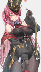 Rule 34 | 1girl, ascot, belt, black coat, black leotard, breasts, brooch, brown belt, brown gloves, brown pantyhose, cleavage, coat, covered navel, gloves, gold trim, grin, hat, heterochromia, highres, hololive, houshou marine, houshou marine (marching band), jewelry, large breasts, leotard, long hair, looking at viewer, multicolored hair, off shoulder, official alternate costume, one side up, pantyhose, red eyes, red hair, reulem, see-through, see-through cleavage, shako cap, smile, streaked hair, two-sided coat, two-sided fabric, two-tone hair, very long hair, virtual youtuber, white background, white hair, yellow eyes
