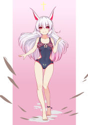 Rule 34 | 1girl, 7t, absurdres, animal ears, barefoot, closed mouth, cross, fox ears, full body, hair between eyes, highres, honkai (series), honkai impact 3rd, long hair, looking at viewer, one-piece swimsuit, pink background, pink eyes, pink hair, solo, standing, swimsuit, theresa apocalypse, theresa apocalypse (sakuno rondo), toes, walking, white background