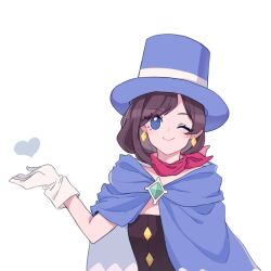 Rule 34 | 1girl, ;), ace attorney, arashi (arashi999uxu), black shirt, blue cape, blue eyes, blue hat, brooch, brown hair, buttons, cape, closed mouth, diamond button, diamond earrings, earrings, gem, gloves, green gemstone, hand up, hat, heart, highres, jewelry, one eye closed, red scarf, scarf, shirt, short hair, simple background, smile, solo, swept bangs, top hat, trucy wright, upper body, white background, white gloves