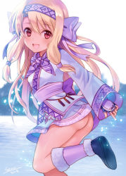Rule 34 | 1girl, 2018, :d, ainu clothes, ass, black footwear, blonde hair, blurry, blurry background, blush, bow, day, depth of field, fate/grand order, fate (series), fingerless gloves, fur trim, gloves, hair between eyes, hair bow, hair tubes, hairband, illyasviel von einzbern, lake, leg warmers, long hair, long sleeves, looking at viewer, looking to the side, no legwear, open mouth, outdoors, pink hairband, purple bow, purple gloves, red eyes, seiru (prairie), shoes, sidelocks, signature, sitonai (fate), sleeves past wrists, smile, solo, standing, standing on one leg, very long hair, water, wide sleeves