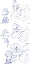 Rule 34 | 1boy, 1girl, 3koma, :d, absurdres, blush, grabbing another&#039;s breast, breasts, cleavage, comic, commentary request, covering own eyes, crown, dress, earrings, elbow gloves, faceless, faceless male, facial hair, fangs, flat cap, flying, flying sweatdrops, gloves, grabbing, greyscale, hat, hetero, highres, jewelry, large breasts, long hair, long sleeves, luigi, luigi&#039;s mansion, makano mucchi, mario (series), mini crown, monochrome, mustache, new super mario bros. u deluxe, nintendo, nose blush, open mouth, overalls, princess king boo, puffy short sleeves, puffy sleeves, sharp teeth, shirt, short sleeves, silent comic, smile, super crown, teeth, tongue, tongue out, v-shaped eyebrows, very long hair