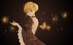 Rule 34 | 1girl, absurdres, backless dress, backless outfit, beatrice (umineko), blonde hair, blue eyes, brown background, brown dress, bug, butterfly, choker, dress, flower, frilled choker, frilled sleeves, frills, hair flower, hair ornament, highres, holding, holding smoking pipe, insect, juliet sleeves, long sleeves, puffy sleeves, red flower, smile, smoking pipe, solo, striped, teatix, umineko no naku koro ni, vertical stripes, wide sleeves