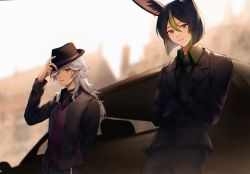 Rule 34 | 2boys, adjusting clothes, adjusting gloves, animal ear fluff, animal ears, black gloves, black headwear, black necktie, blunt ends, blurry, blurry background, car, closed mouth, collared shirt, cyno (genshin impact), fedora, fox boy, fox ears, fox tail, genshin impact, gloves, green eyes, green hair, green shirt, hair between eyes, hand on headwear, hat, highres, jacket, light smile, long hair, long sleeves, looking at viewer, motor vehicle, multicolored hair, multiple boys, necktie, purple necktie, red eyes, shin (mac no), shirt, short hair, standing, streaked hair, suit jacket, tail, tighnari (genshin impact), white hair, wing collar
