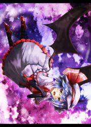Rule 34 | 1girl, akisome hatsuka, ascot, bat wings, black gloves, blue hair, capelet, cloud, cloudy sky, elbow gloves, flying, gloves, hands on own chest, hat, hat ribbon, hatsuka (exsilver), letterboxed, open mouth, red eyes, red footwear, remilia scarlet, ribbon, sash, shirt, shoes, skirt, skirt set, sky, smile, solo, star (sky), touhou, upside-down, wings