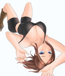 Rule 34 | 1girl, aori sora, bare shoulders, bike shorts, black tank top, boots, breasts, claire redfield, cleavage, large breasts, looking at viewer, lying, midriff, on back, parted lips, ponytail, resident evil, resident evil 2, solo, strap slip, tank top