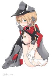 Rule 34 | 1girl, ahenn, anchor hair ornament, aqua eyes, black thighhighs, blonde hair, hair ornament, hat, kantai collection, long hair, looking at viewer, low twintails, military, military hat, military uniform, panties, peaked cap, prinz eugen (kancolle), simple background, sitting, solo, thighhighs, torn clothes, twintails, twitter username, underwear, uniform, white background, white panties