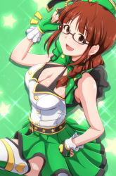 Rule 34 | 1girl, :d, adjusting eyewear, akizuki ritsuko, antenna hair, blush, boots, braid, breasts, cleavage, commentary request, fingerless gloves, glasses, gloves, gold trim, green background, green gloves, green hat, hand on own hip, hat, idolmaster, idolmaster (classic), light blush, medium breasts, open mouth, side braid, sidelocks, single braid, smile, solo, sparkle background, star (symbol), starry background, tengu (tetuo kun), thigh boots, thighhighs, top! clover