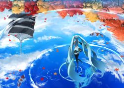 Rule 34 | 1girl, absurdly long hair, autumn leaves, black footwear, black skirt, black sleeves, blue hair, boots, detached sleeves, fish, floating hair, from above, from behind, full body, grey shirt, hatsune miku, highres, leaf, long hair, long sleeves, maple leaf, miniskirt, nekoreito, pleated skirt, shirt, skirt, sleeveless, sleeveless shirt, solo, standing, standing on one leg, thigh boots, thighhighs, twintails, very long hair, vocaloid, walking, zettai ryouiki