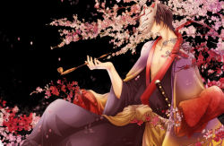 Rule 34 | 1boy, cherry blossoms, fox mask, japanese clothes, kimono, kiseru, male focus, mask, olmatown, smoking pipe, solo, yukata, yukata (yume 2kki), yume 2kki